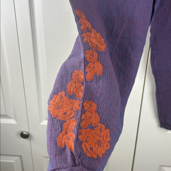 Anthropologie Linen Cropped Elastic Waist Pull-On Embroidered Pants Sz Large - Picture 8 of 14